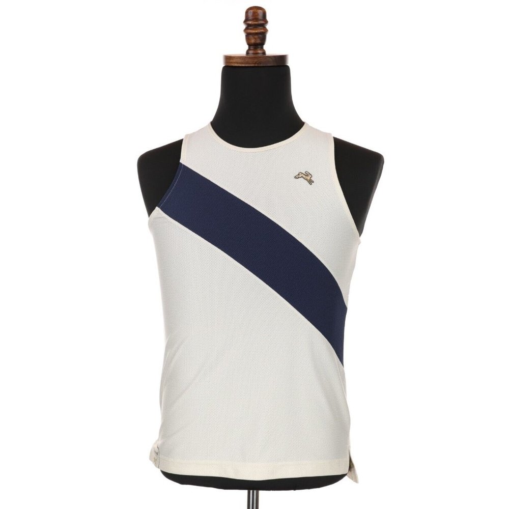 Tracksmith White Tank Top with Navy Diagonal Stripe